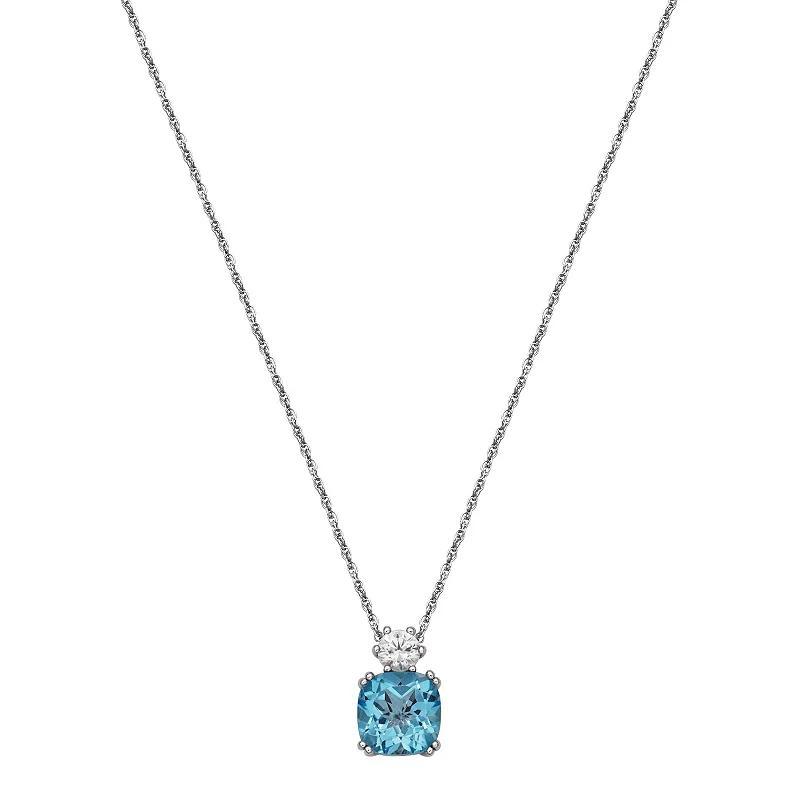 Rhodium Plated Sterling Silver Genuine Blue Topaz & Lab-Created White Sapphire Cushion Pendant Necklace, Womens Product Image