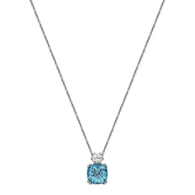 Rhodium Plated Sterling Silver Genuine Blue Topaz & Lab-Created White Sapphire Cushion Pendant Necklace, Womens Product Image