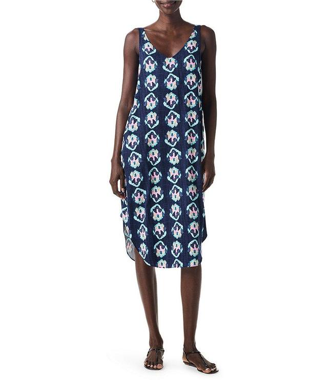 NIC + ZOE Woven Ocean Batik Live In Print V-Neck Sleeveless Side Pocket Shift Tank Midi Dress Product Image