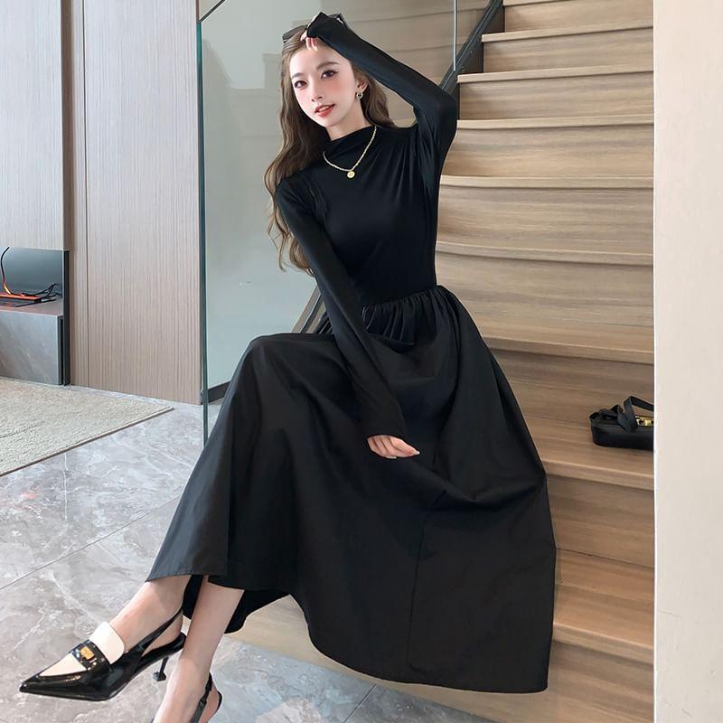 Long Sleeve Mock Neck Plain Gathered Panel Midi A-Line Dress Product Image