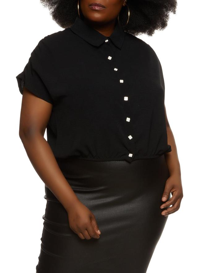 Womens Plus Size Crepe Knit Ruched Sleeve Button Front Shirt Product Image