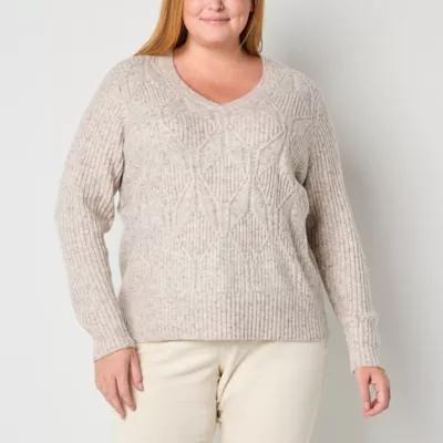 St. John's Bay Plus Womens V Neck Long Sleeve Cable Knit Pullover Sweater Product Image