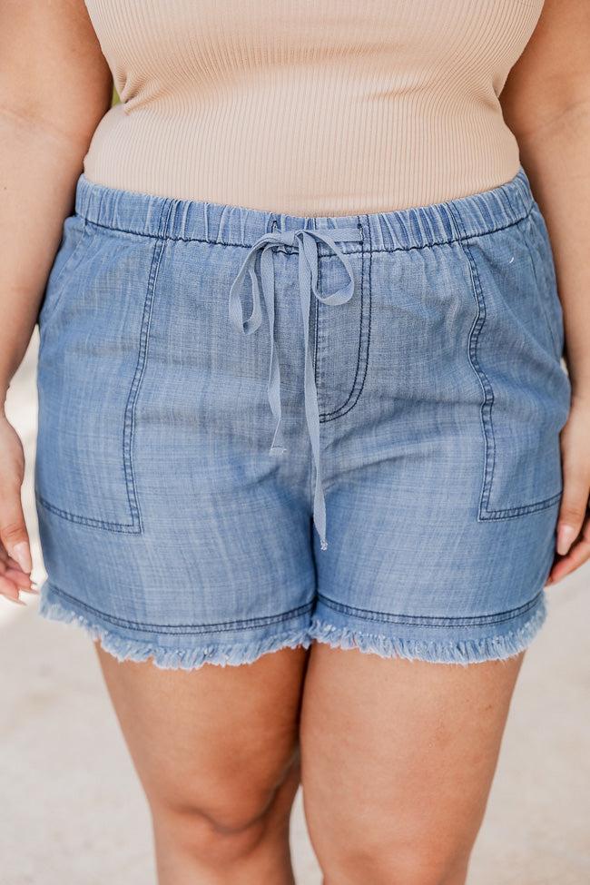 Send A Note Medium Wash Chambray Frayed Edge Shorts FINAL SALE Product Image