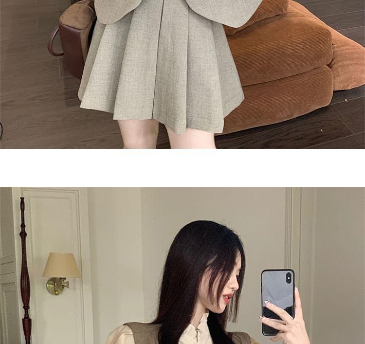 Long Sleeve Stand Collar Plain Frill Blouse / V-Neck Plain Button Vest / High Waist Pleated Mini A-Line Skirt Product Image