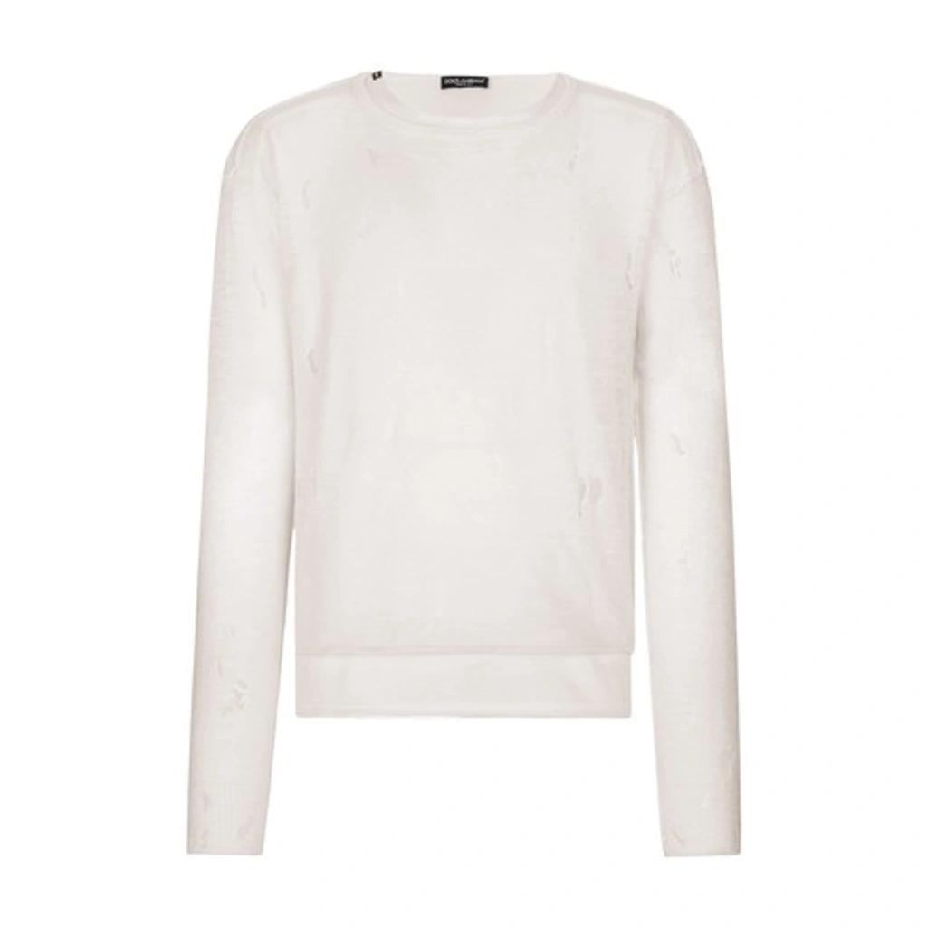 Round-neck Technical Linen Sweater With Rips In White Product Image