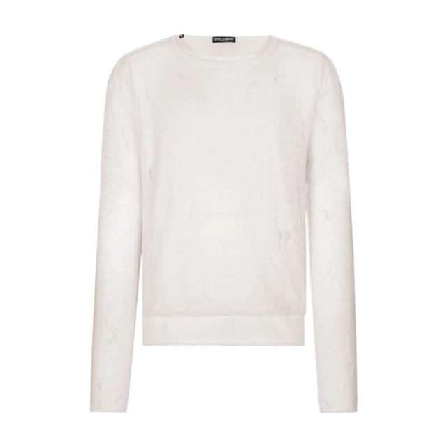 Round-neck Technical Linen Sweater With Rips In White Product Image