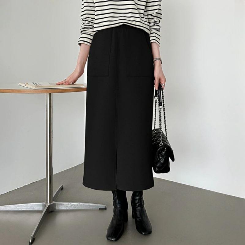 High Rise Plain Midi Slit Pencil Skirt Product Image