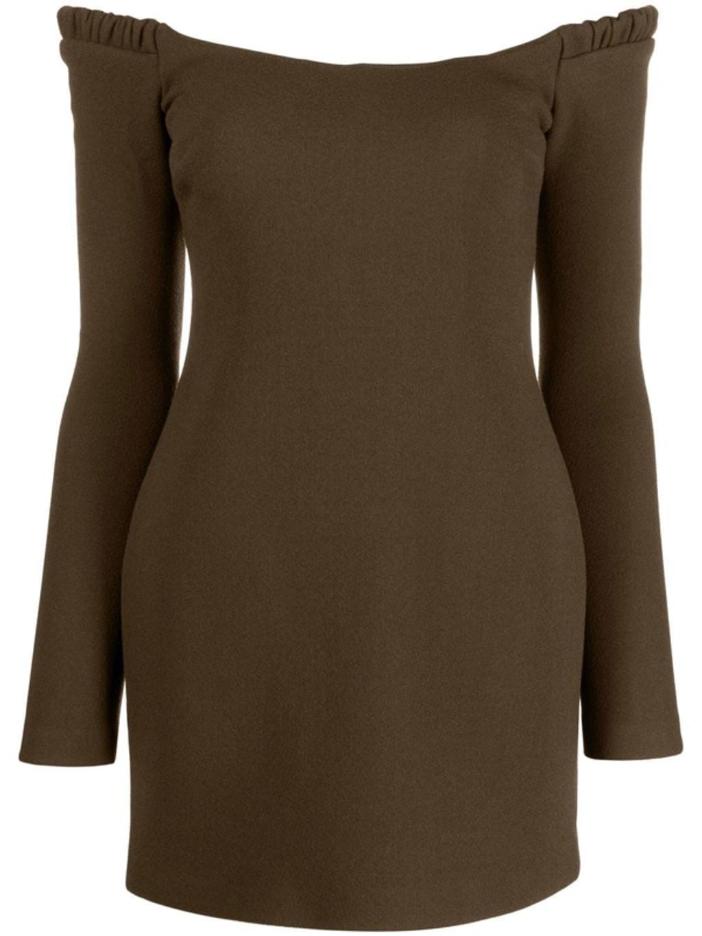 Ruffled Off-shoulder Mini Dress In Brown Product Image