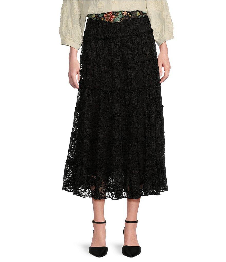 John Mark Lace Tiered A-Line Belted Pull-On Midi Skirt Product Image