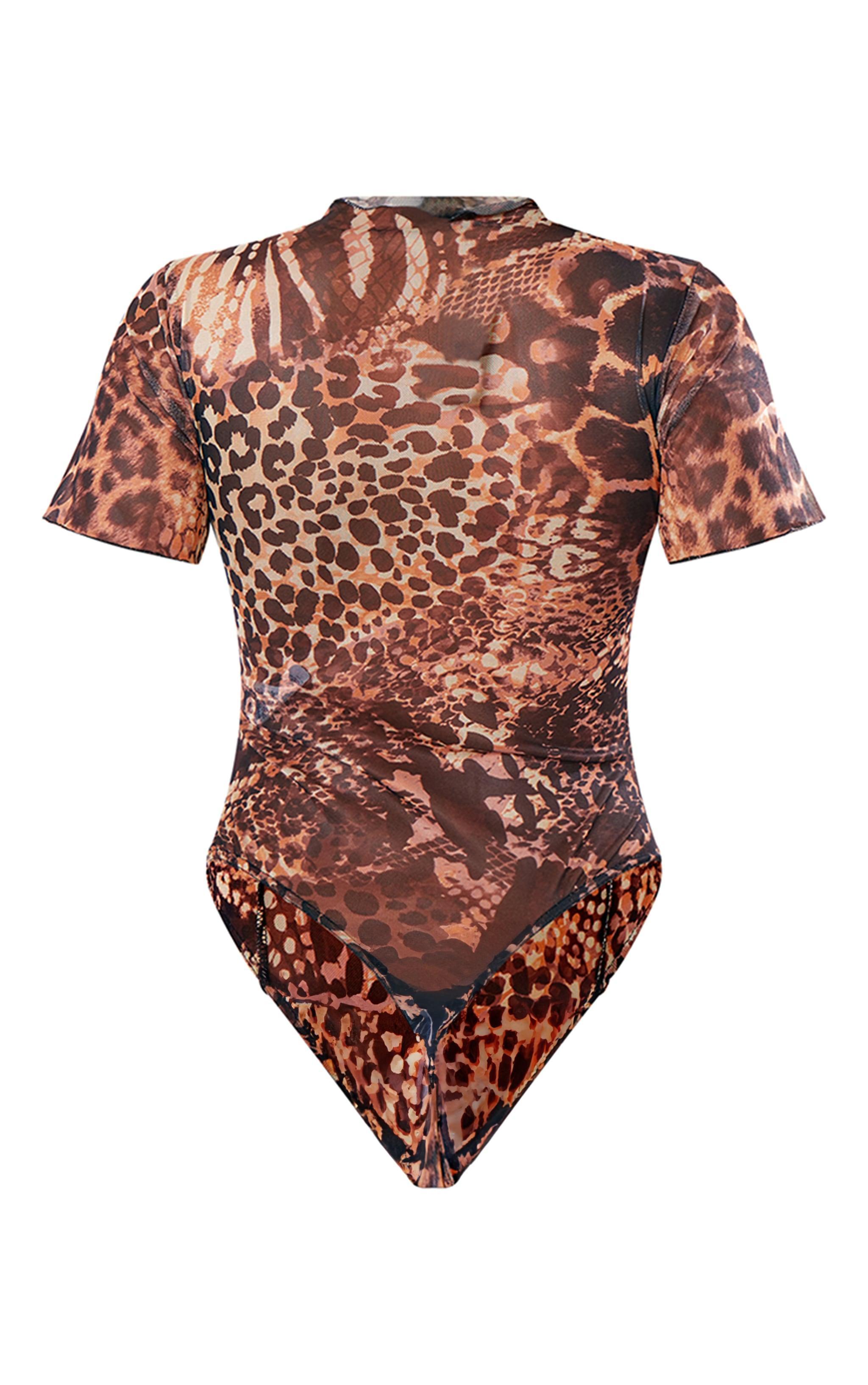 Brown Leopard Print Mesh Exposed Seam Bodysuit Product Image