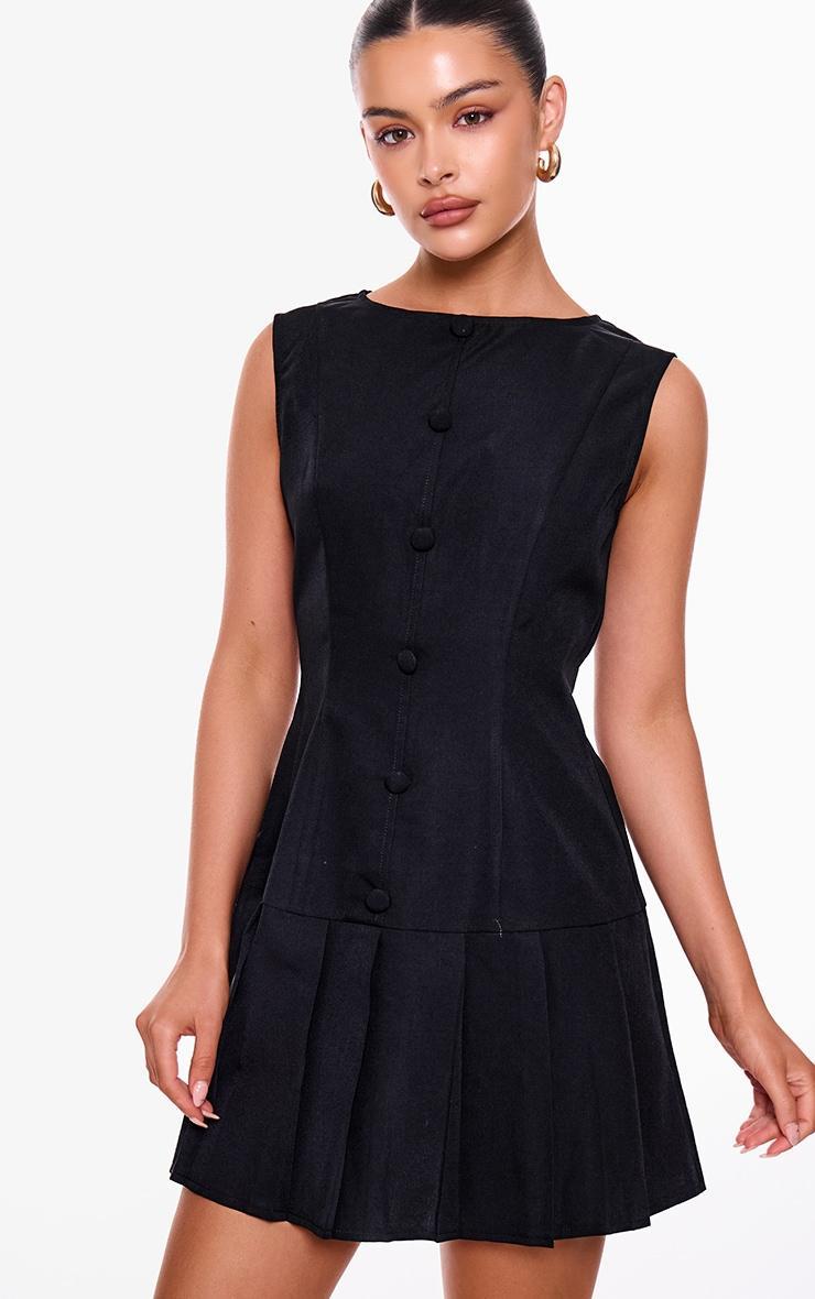 Black Button Down Pleated Hem Shift Dress product image