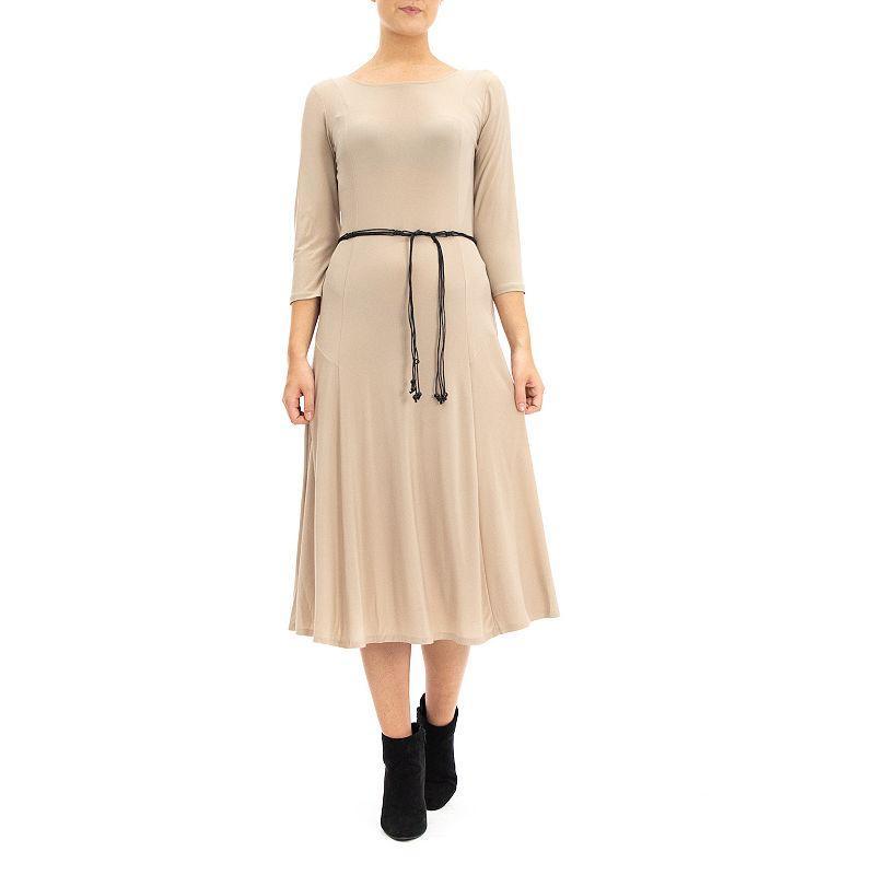 Womens Nina Leonard Three-Quarter Sleeve Belted Midi Dress Product Image