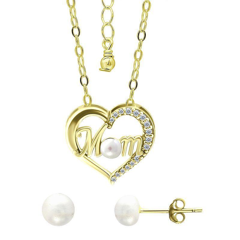 Aleure Precioso 18k Gold Over Silver Cubic Zirconia & Freshwater Cultured Pearl Mom Heart Pendant Necklace & Stud Earrings Set, Womens Gold Tone White Product Image