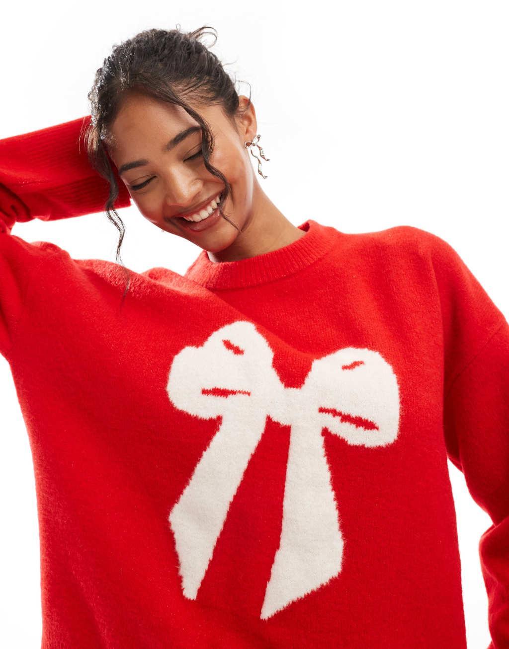 ASOS DESIGN crew neck boxy bow sweater in red Product Image