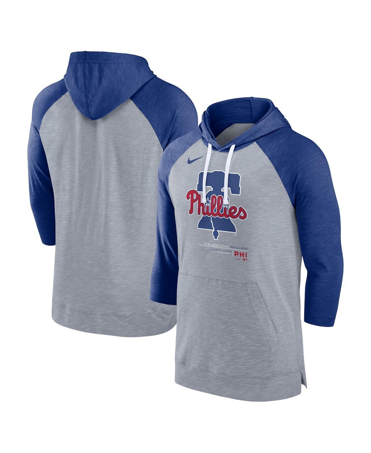 NIKE Men's  Heather Gray, Heather Royal Philadelphia Phillies Baseball Raglan 3/4 Sleeve Pullover Hoo In Heather Gray,heather Royal Product Image