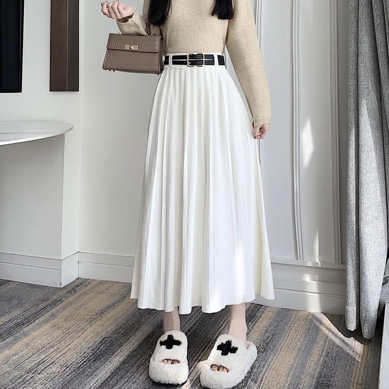 High Waist Plain Accordion Pleated Knit Maxi A-Line Skirt Product Image