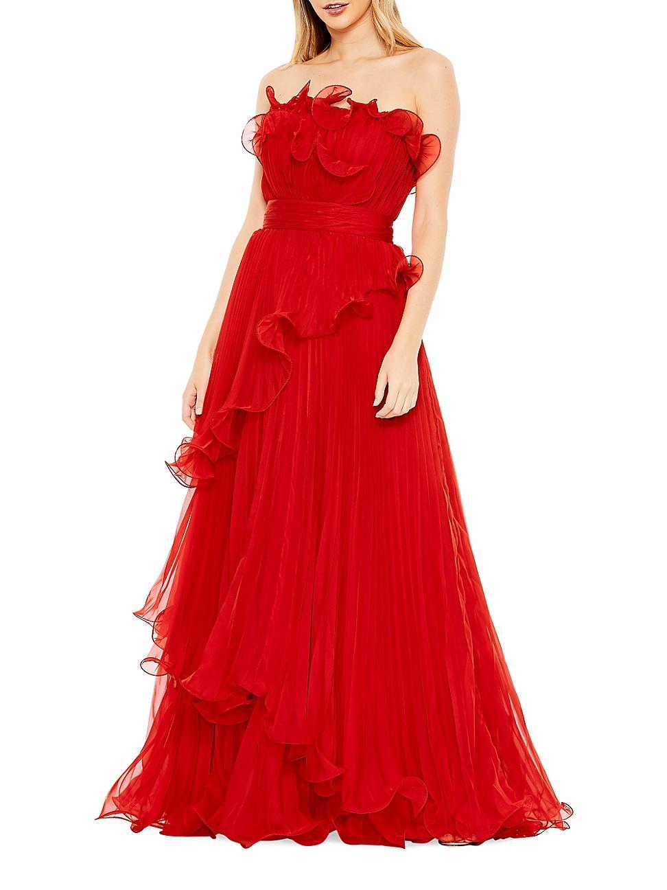 Womens Strapless Ruffled Chiffon Gown Product Image