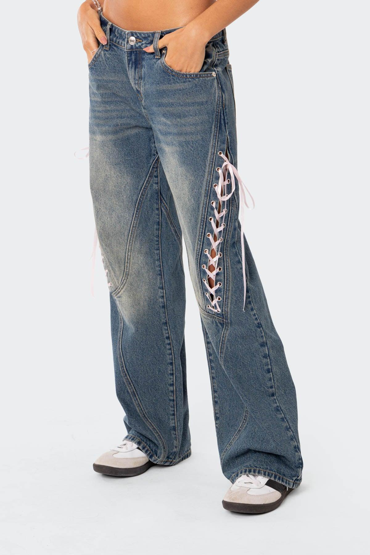 Low Rise Ribbon Lace Up Jeans Product Image