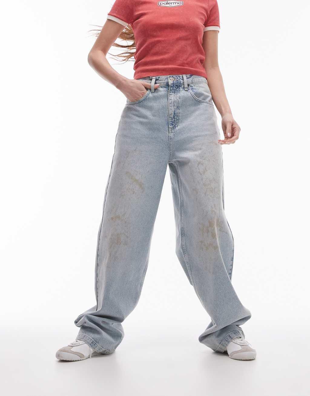 Topshop high rise baggy jeans in sunshine bleach with mud marks  Product Image