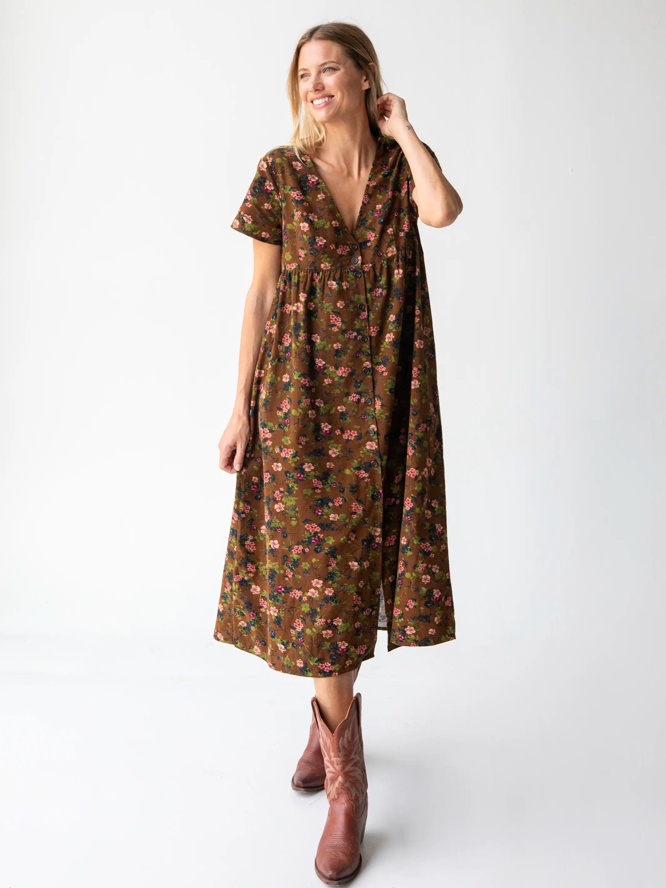 Avery Corduroy Midi Dress - Brown Green Bouquets Floral Product Image