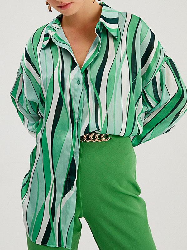 Long Sleeves Loose Contrast Color Striped Lapel Blouses Product Image