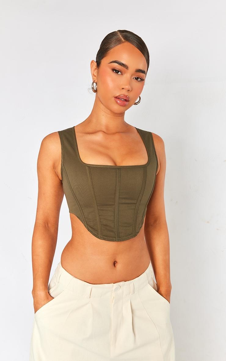 Dark Khaki Stretch Woven Boned Corset Crop Top Product Image