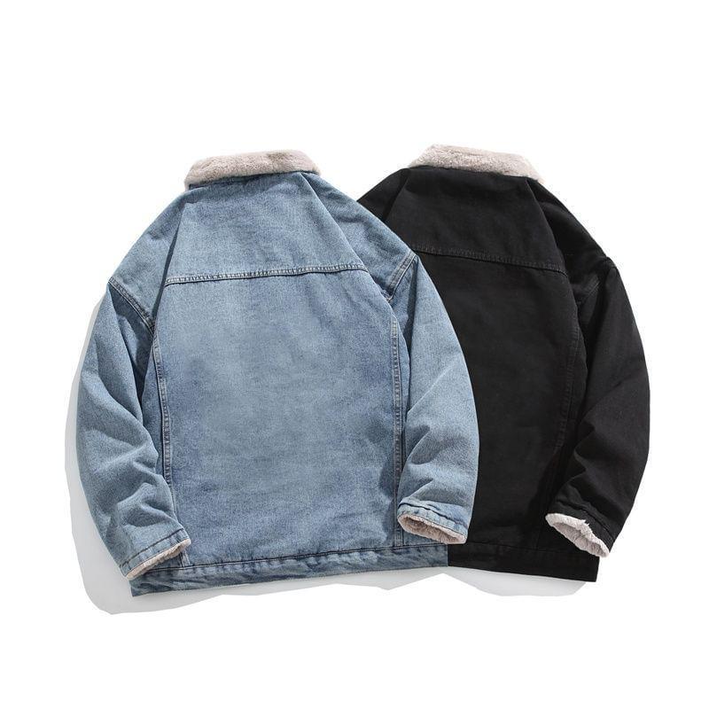 Fleece Lined Collared Button-Up Denim Jacket Product Image