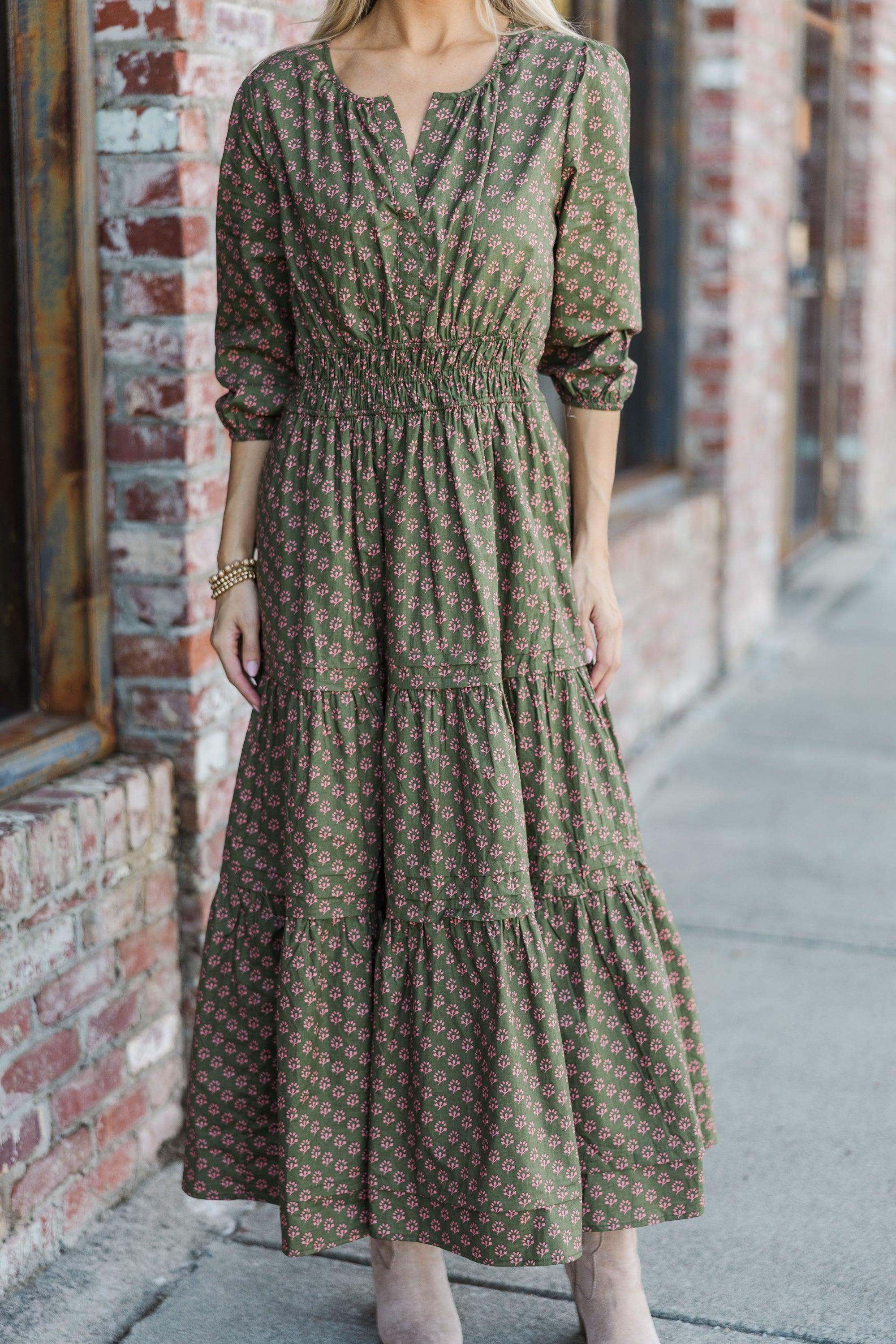 It's In The Air Olive Green Floral 3/4 Sleeve Midi Dress Female Product Image