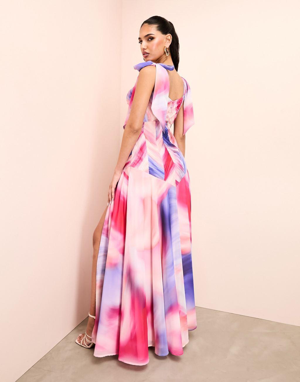 ASOS LUXE chiffon tie shoulder cut-out maxi dress in watercolor print Product Image