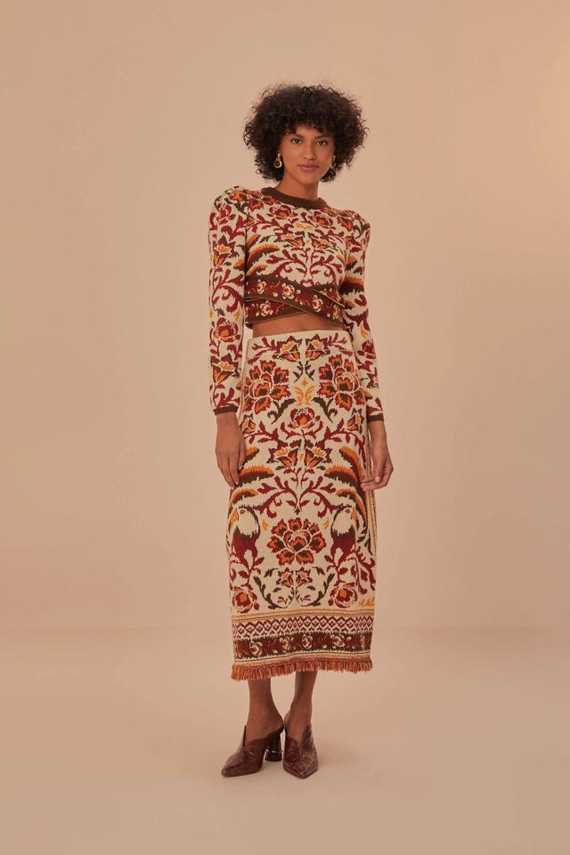 Cream Toucans Scarf Knit Midi Skirt Product Image