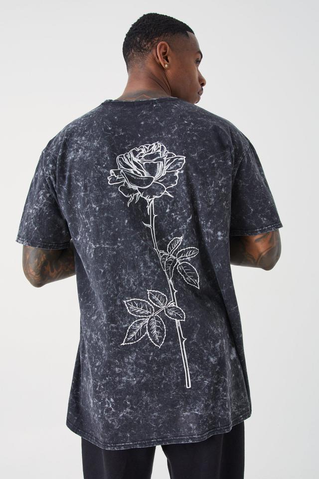 Oversized Acid Wash Rose Stem Print T-shirt | boohooMAN USA Product Image