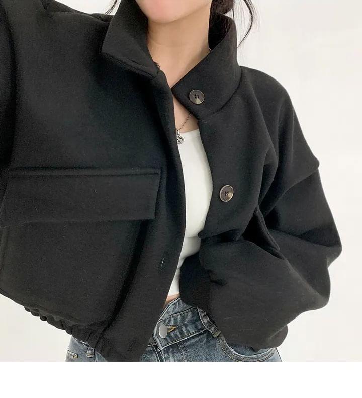 Stand Collar Plain Button-Up Crop Jacket Product Image