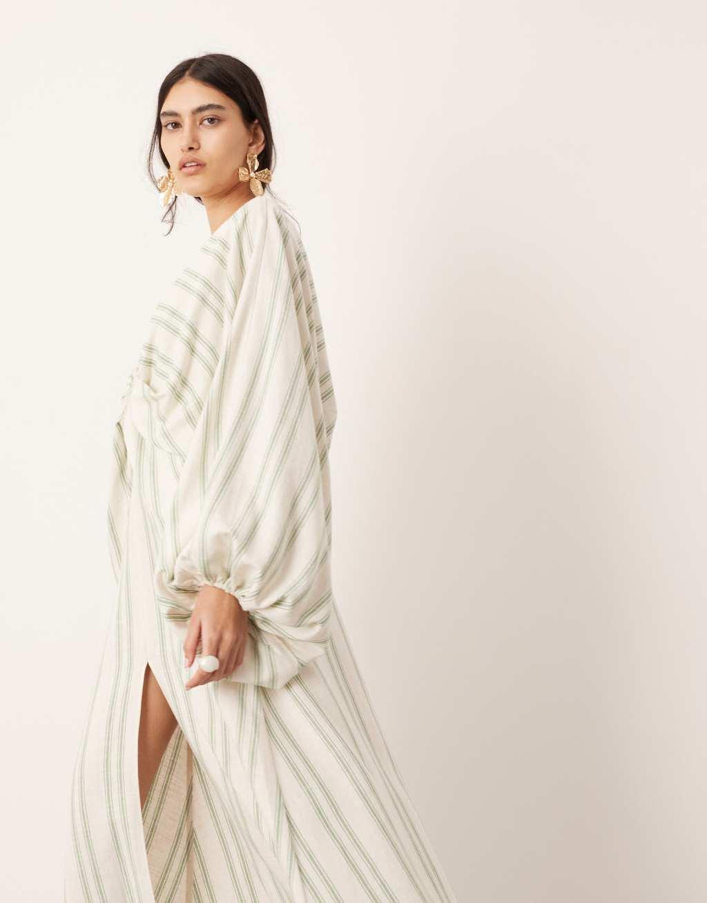 ASOS EDITION v neck drapey maxi dress in linen mix stripe Product Image