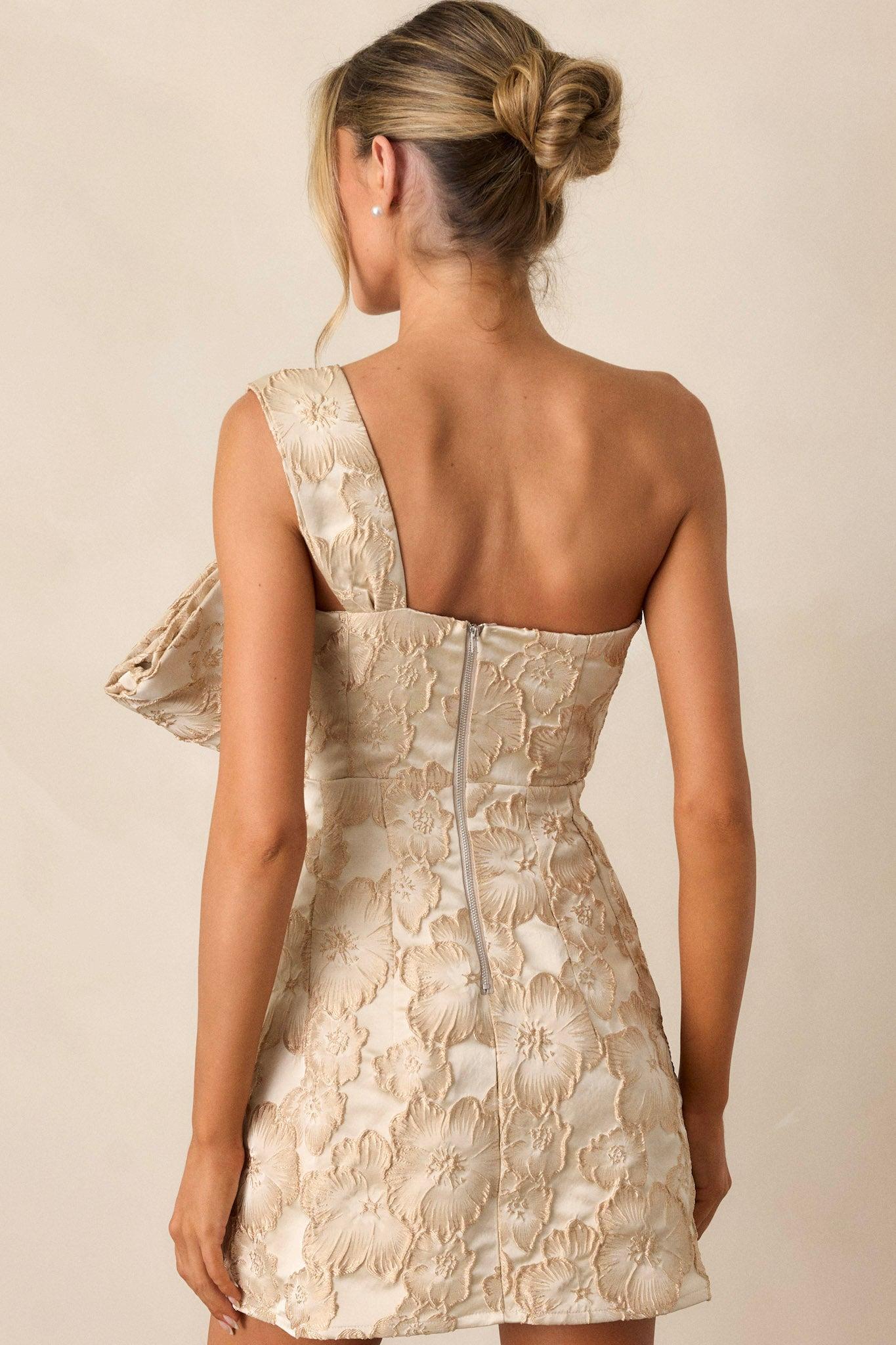 Missing Out Champagne Gold Floral Jacquard Mini Dress Product Image