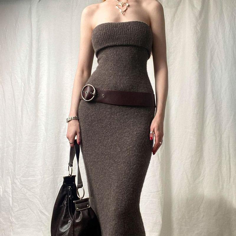 Sleeveless Plain Knitted Midi Bodycon Dress Product Image