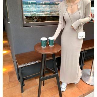 Set: Spaghetti Strap Scoop Neck Plain Ribbed Knit Midi Sheath Dress + Crew Neck Plain Cardigan Product Image