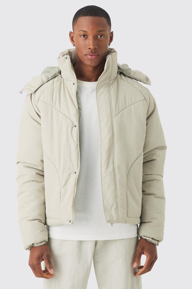 Boxy Quilted Hooded Puffer Coat In Taupe | boohooMAN USA Product Image