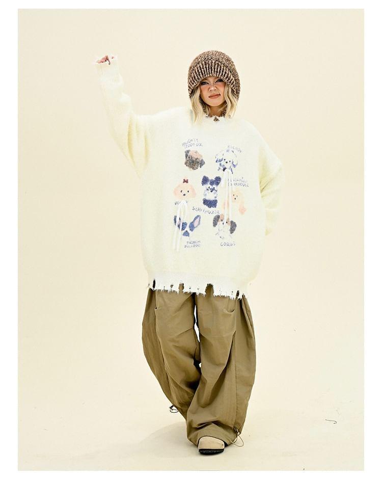 Drop Shoulder Round Neck Dog Print Distressed Oversized Sweater Product Image