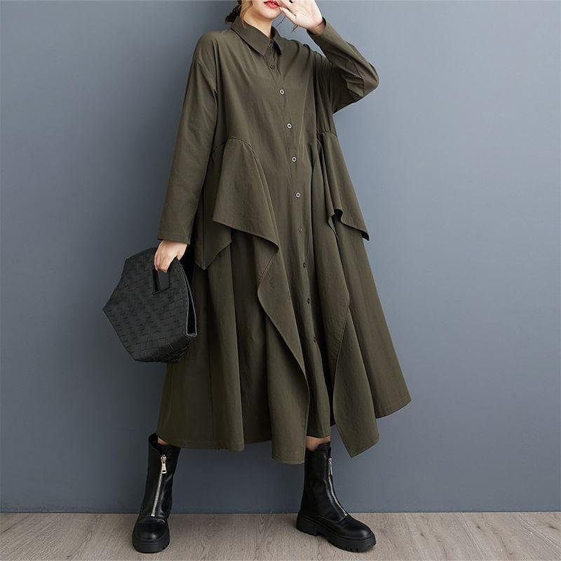 Long-Sleeve Plain Asymmetrical Midi A-Line Shirt Dress Product Image