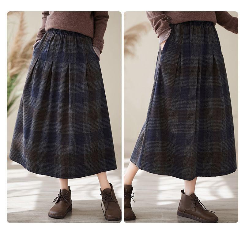 Elastic Waist Plaid Midi A-Line Skirt Product Image