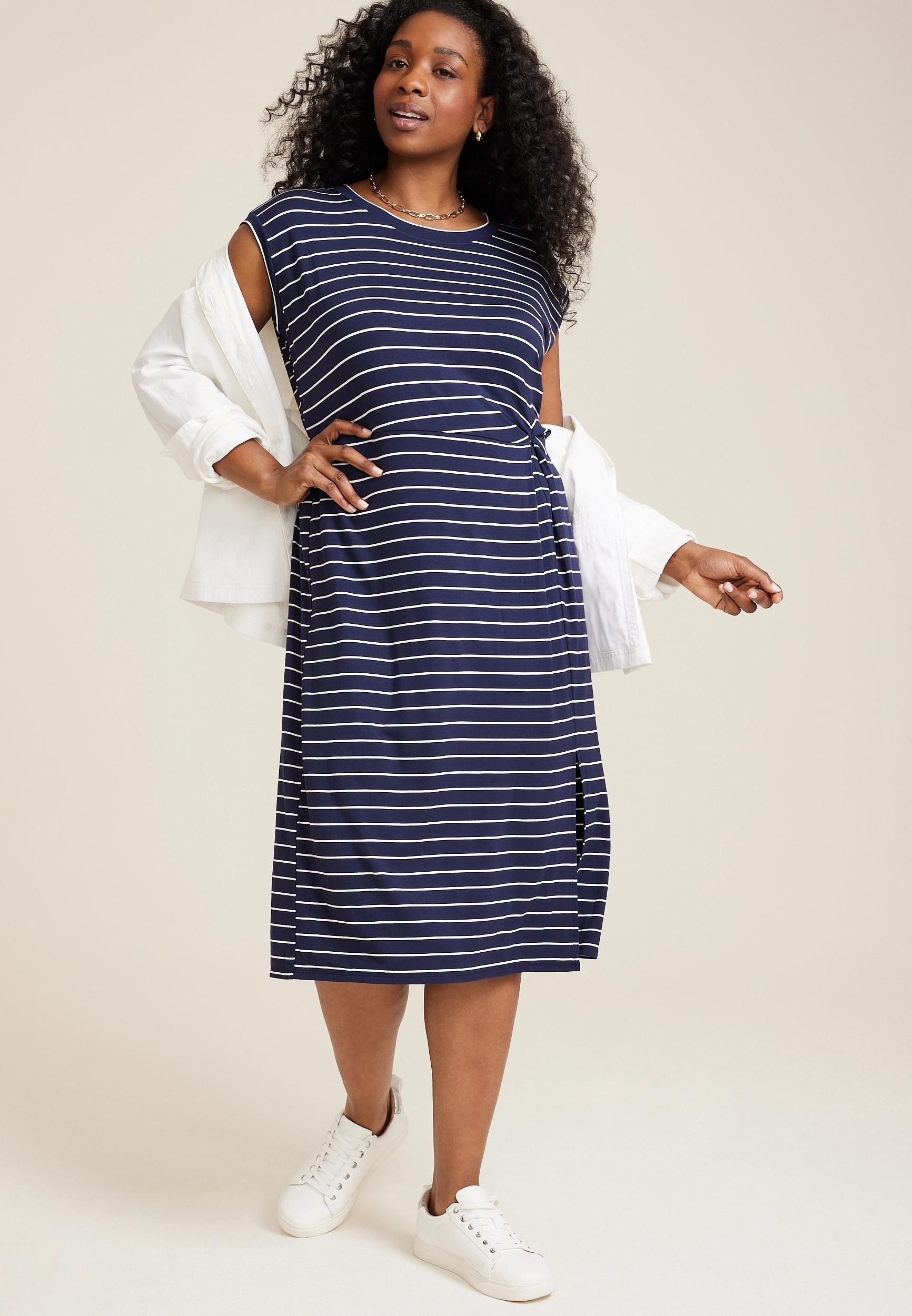 Maurices Plus Size Womens 24/7 Striped Knot Front Midi Dress Blue Size 1X Product Image