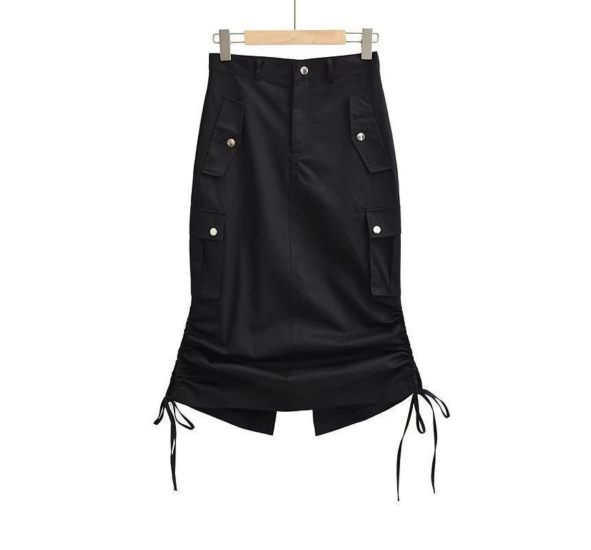 High Waist Plain Drawstring Midi Pencil Cargo Skirt Product Image