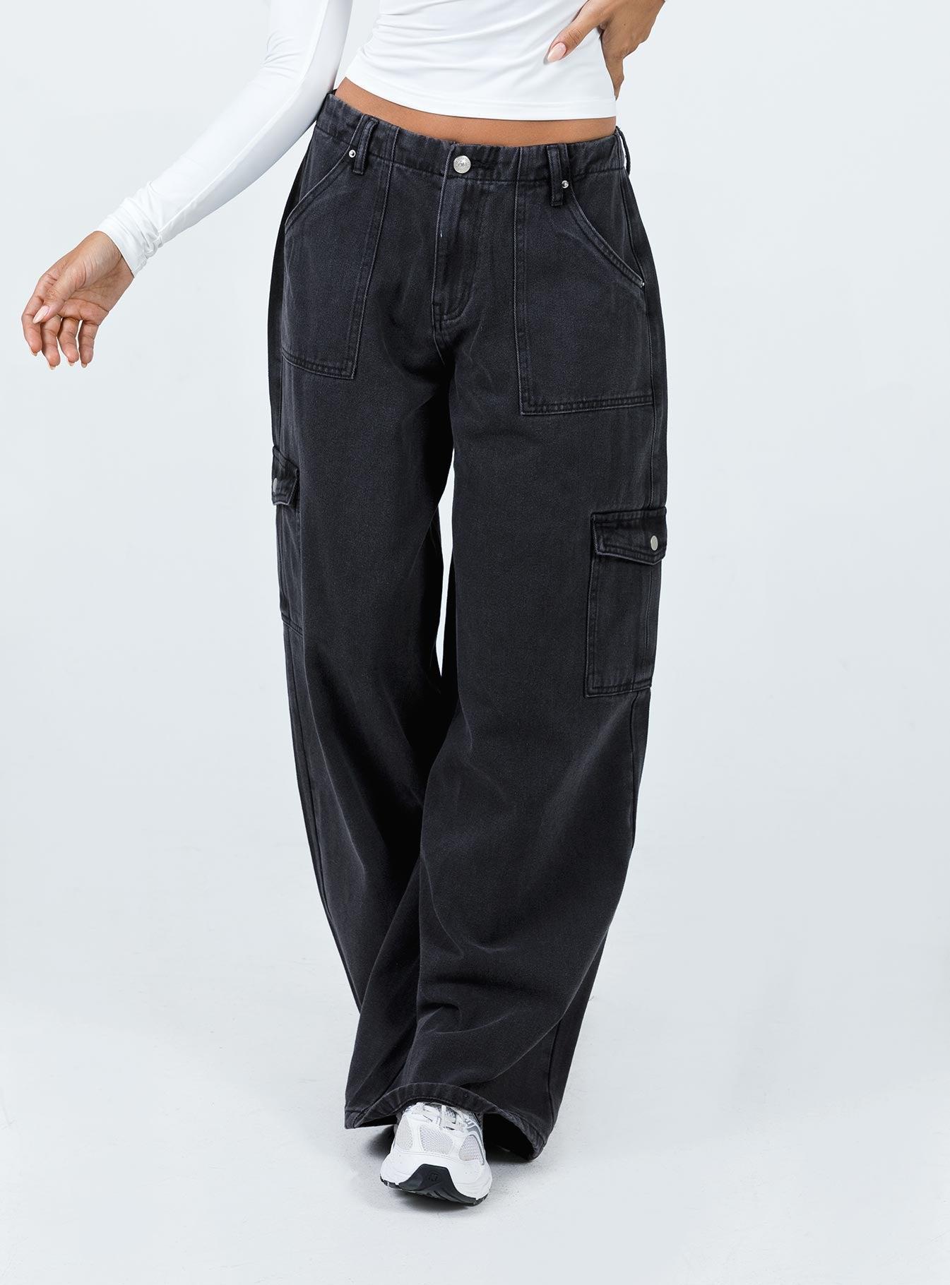 Adrianne Wide Leg Cargo Jeans Black Product Image