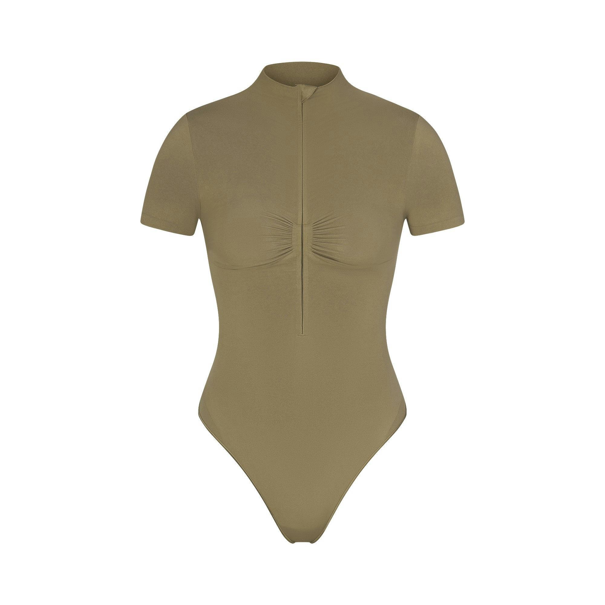 SEAMLESS SCULPT ZIP FRONT T-SHIRT THONG BODYSUIT | ARMY Product Image