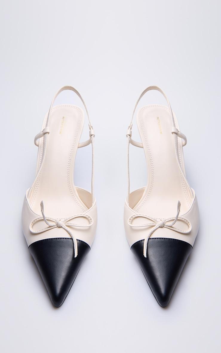 Black and Cream Pu Point Toe Bow Detail High Stiletto Court Heels Product Image