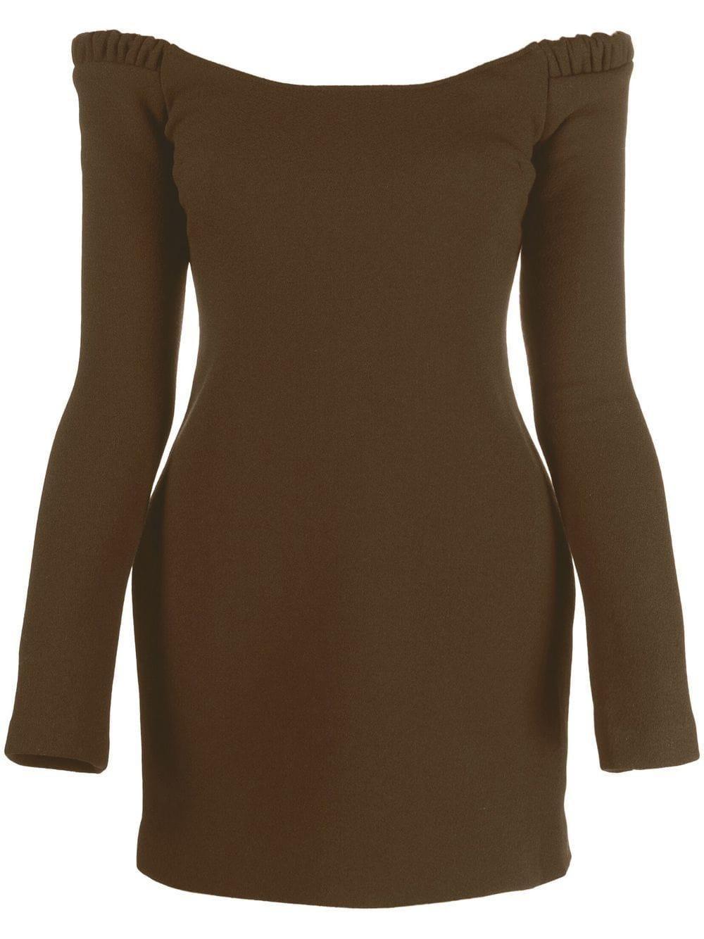 Ruffled Off-shoulder Mini Dress In Brown Product Image