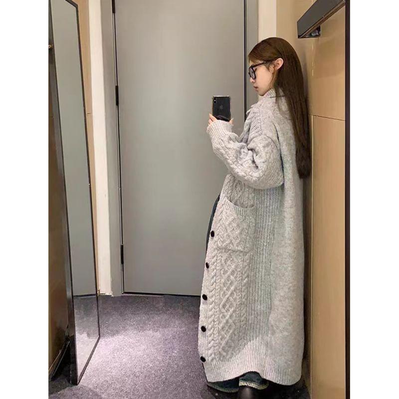 Plain Cable-Knit Maxi Cardigan Product Image