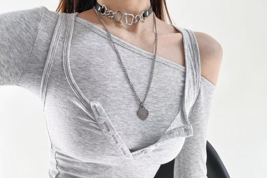 Set: Long Sleeve Cold-Shoulder Plain Slim-Fit Crop Top + Tank Top Product Image