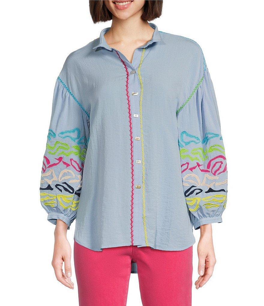 John Mark Embroidered Wire Collar 3/4 Sleeve Button Front Blouse Product Image