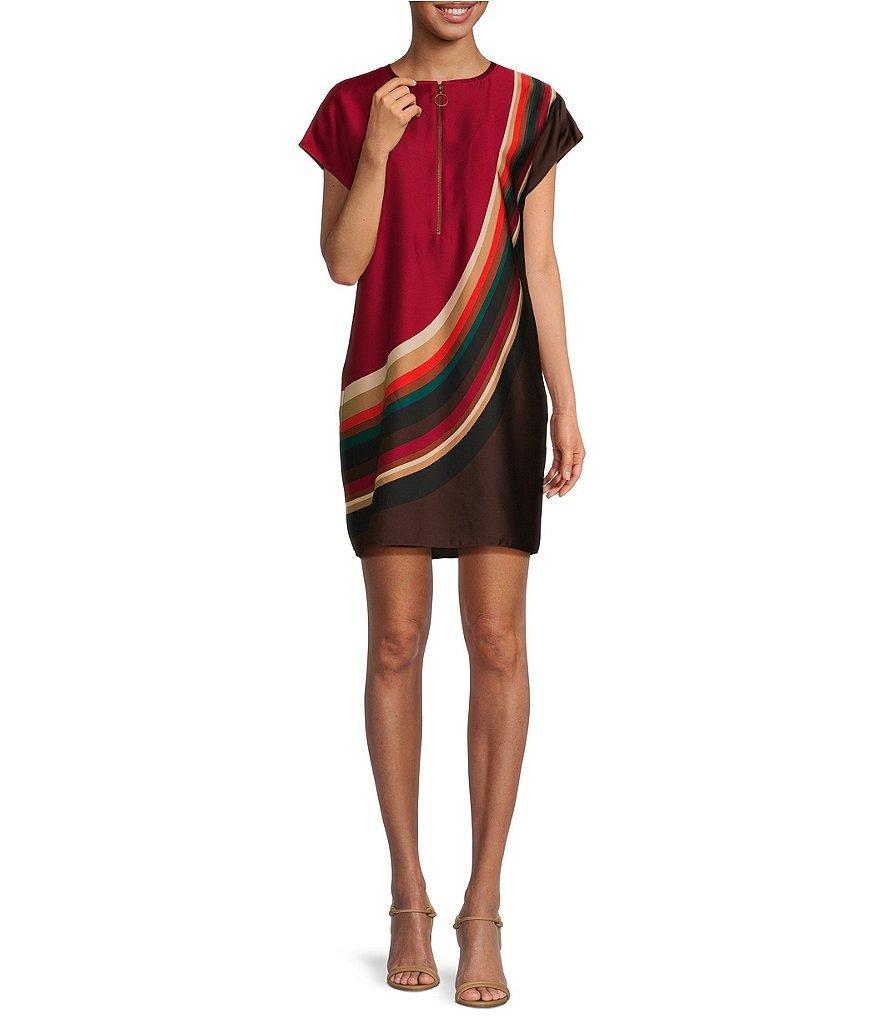 Trina Turk Hasil 2 Satin Georgette Split V-Neck Short Sleeve Rainbow Geo Print Mini Shift Dress product image